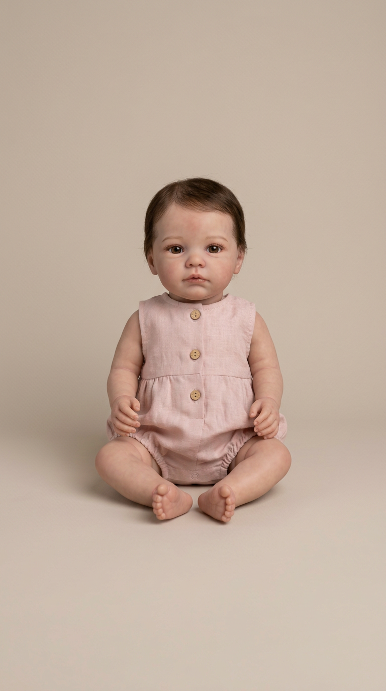 Brunette Reborn Doll in Rose Quartz Linen Romper